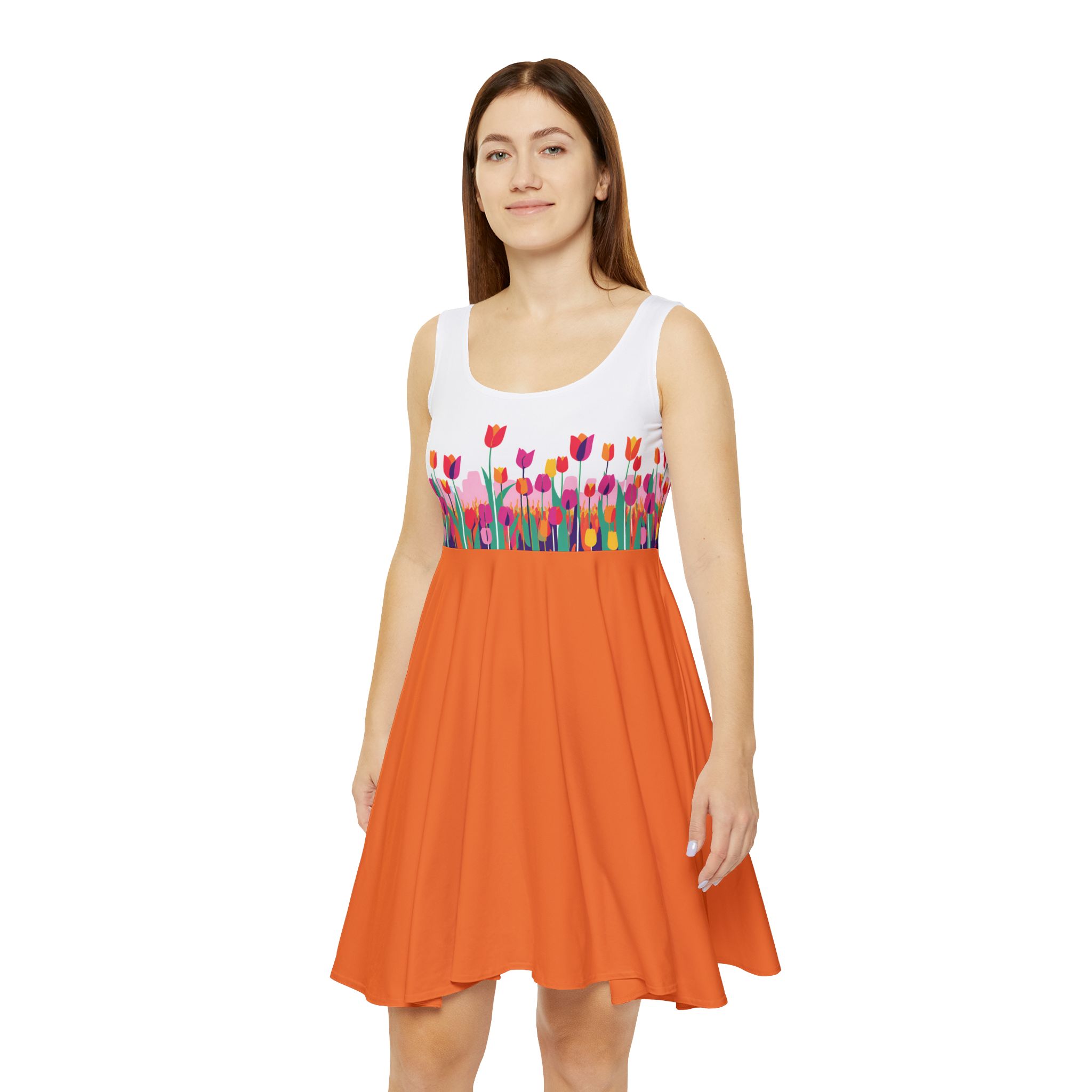 Floral Women's Skater Dress - Vibrant Spring Style for Everyday Wear (Orange)